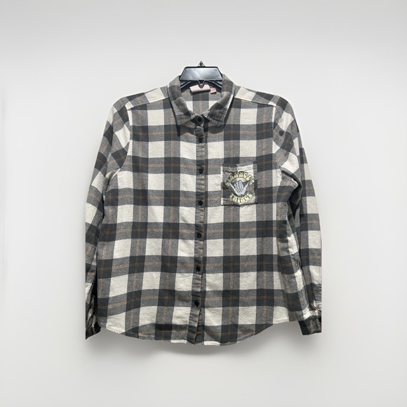 Stranger Things Tops - Stranger Things Shirt Womens Large Gray White Plaid Embroidered Pocket Flannel